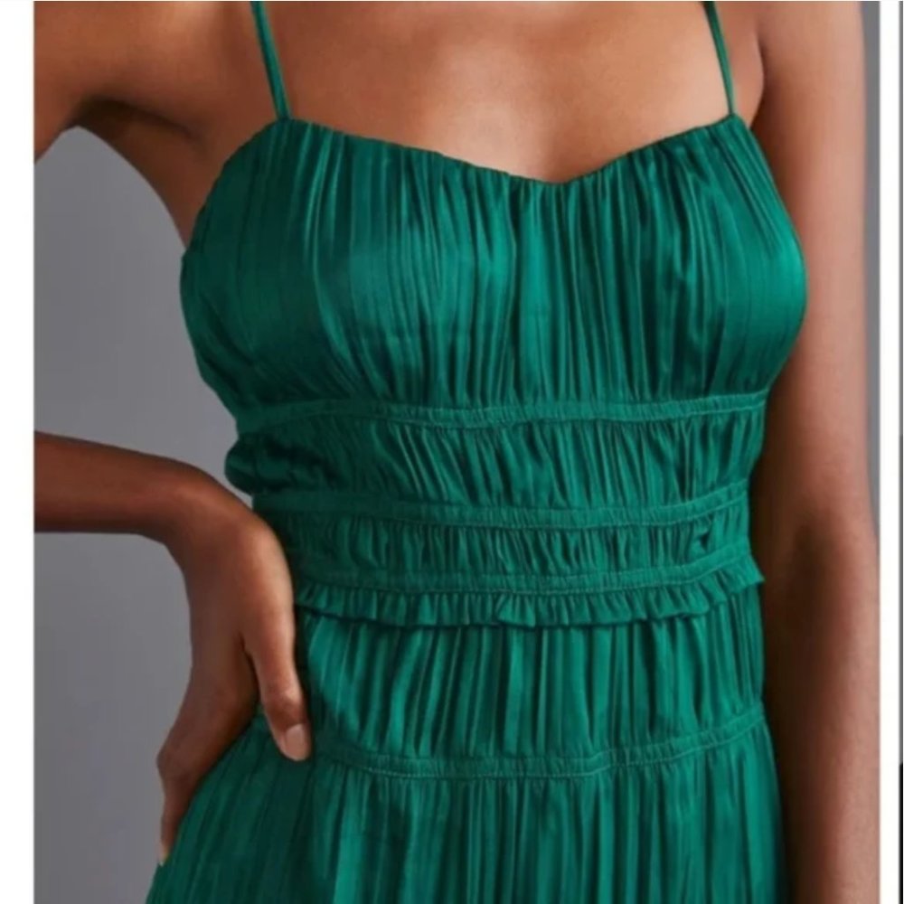 Anthropologie Emerald Green Ruched Slip Dress